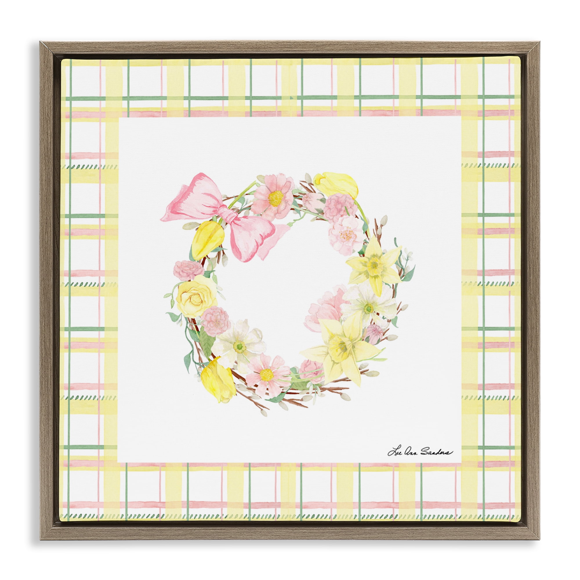 Wreath in Spring Pastels Brown Framed Floater Canvas Wall Art, design by Lee Ann Sanders