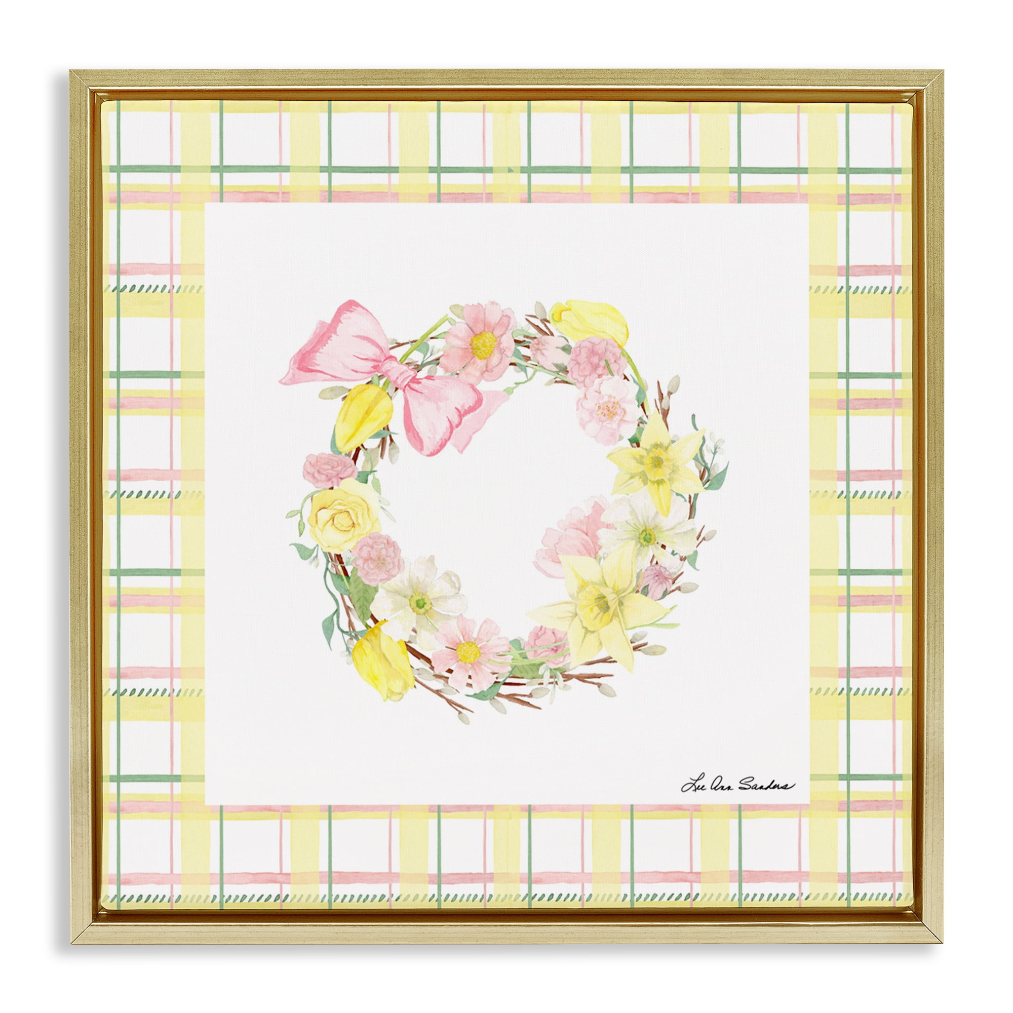 Wreath in Spring Pastels Gold Framed Floater Canvas Wall Art, design by Lee Ann Sanders