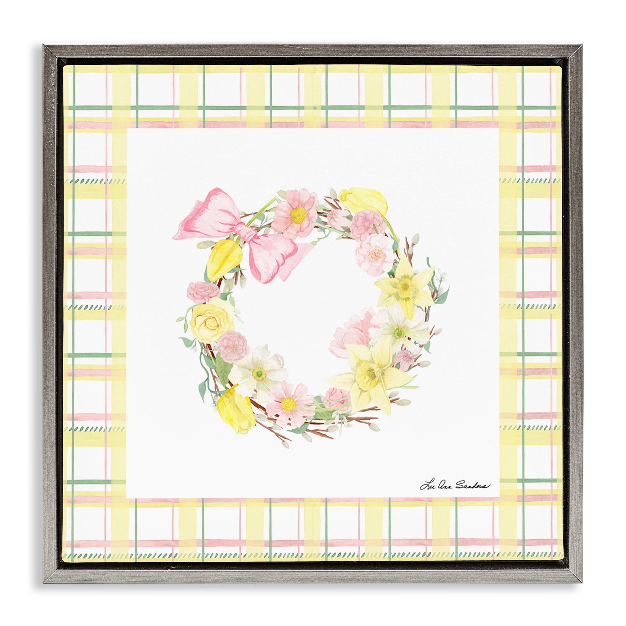 Wreath in Spring Pastels Gray Framed Floater Canvas Wall Art, design by Lee Ann Sanders