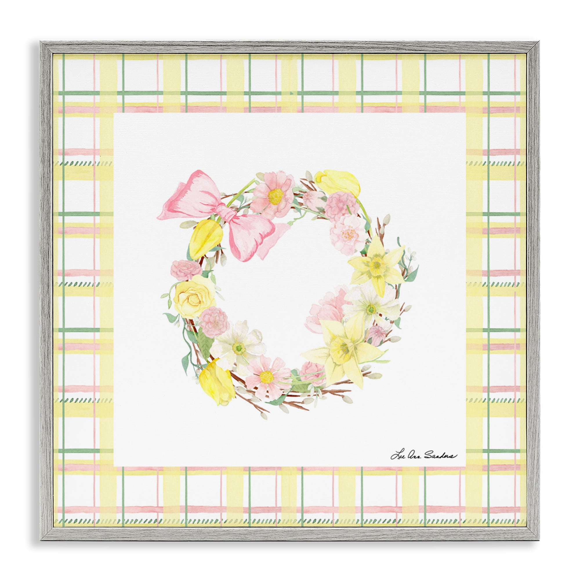 Wreath in Spring Pastels Gray Framed Giclee Art, design by Lee Ann Sanders