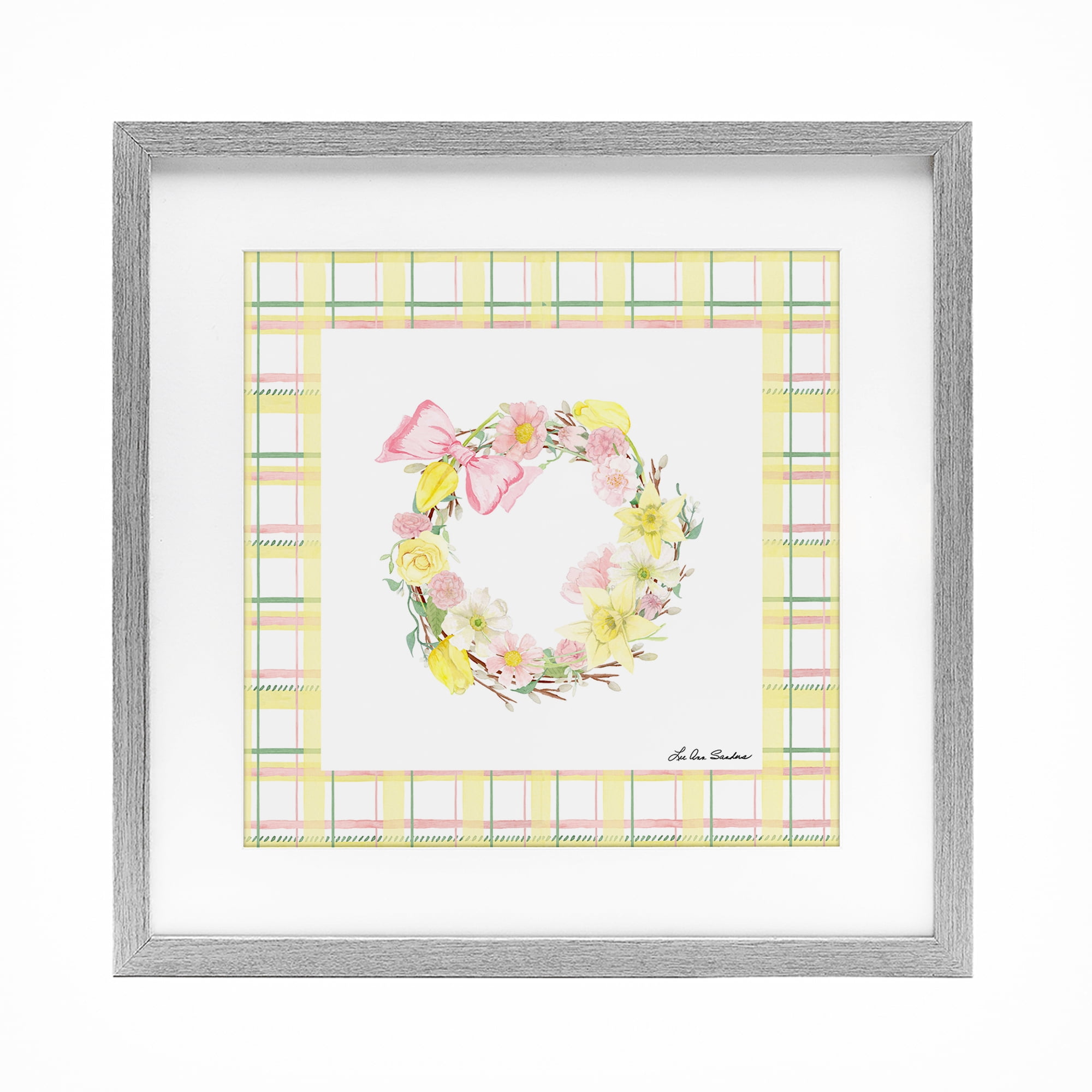 Wreath in Spring Pastels Gray Framed Print Under Glass, design by Lee Ann Sanders