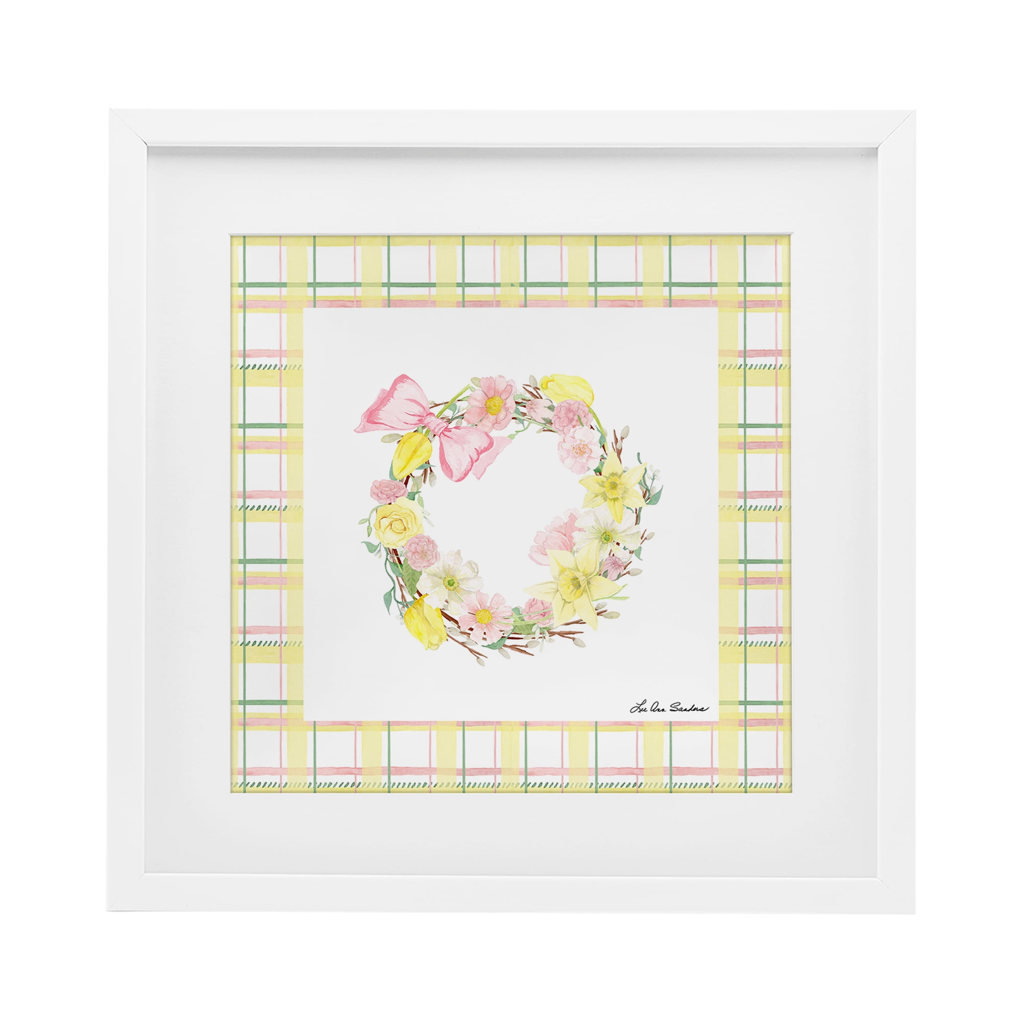 Wreath in Spring Pastels White Framed Print Under Glass, design by Lee Ann Sanders