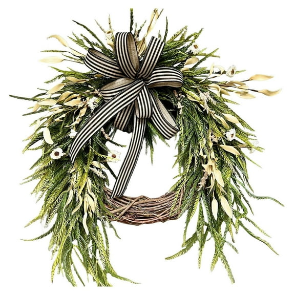 Wreaths for Front Door with Black & White Striped Bow, Artificial Cedar & White Floral Front Door Wreath, Rustic Year-Round Porch Decor for Spring, Summer, Fall & Winter,40cm