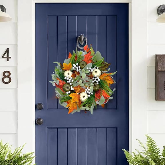 Wreaths for Front Door Fmlxio Fall Maple Leaf White And Green Pumpkin Wreath Simulation Green Rattan Ring Halloween Thanksgiving Decoration Door Hanging Garden Fence Hanging Ring