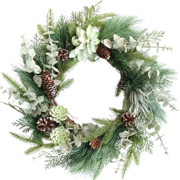 Idyllic 20" Christmas Wreath for Front Door, Artificial Pine with Succulents & Pinecones
