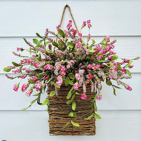 Wreaths for Front Door,Pink Berry Wildflowers Door Hanging Basket Wreath,Spring Wreath Seasonal Welcome Sign for Home Front Door Decoration