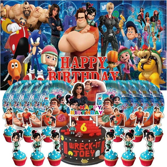 Wreck-It Ralph Plates Birthday Supplies Decorations Decor Backdrop Banner Cake Topper Fans