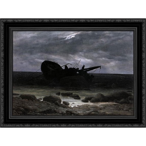 Wreck in the Moonlight 24x20 Black Ornate Wood Framed Canvas Art by Friedrich, Casper David