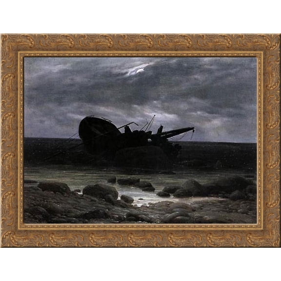 Wreck in the Moonlight 24x20 Gold Ornate Wood Framed Canvas Art by Friedrich, Casper David