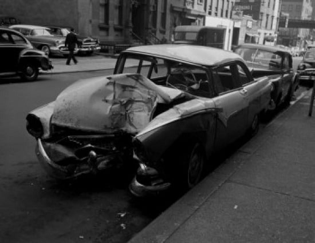 Wrecked car on street Canvas Art - (18 x 24)