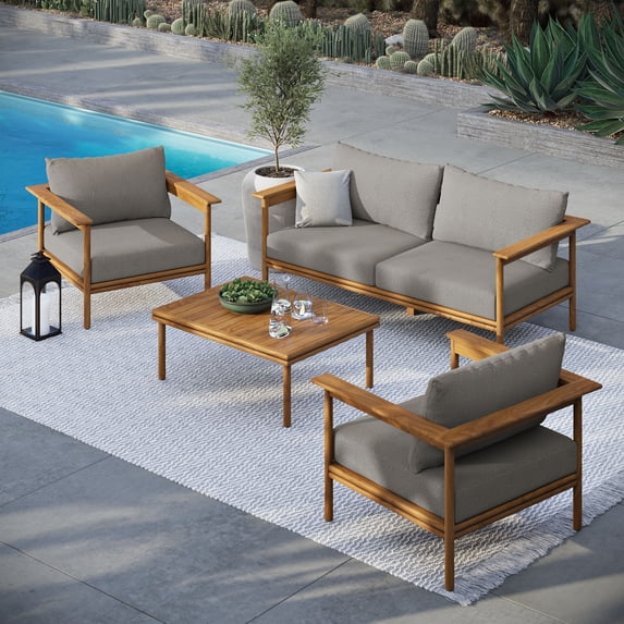 Modway Wren 4-Piece Teak Wood Patio Furniture Set in Natural Driftwood