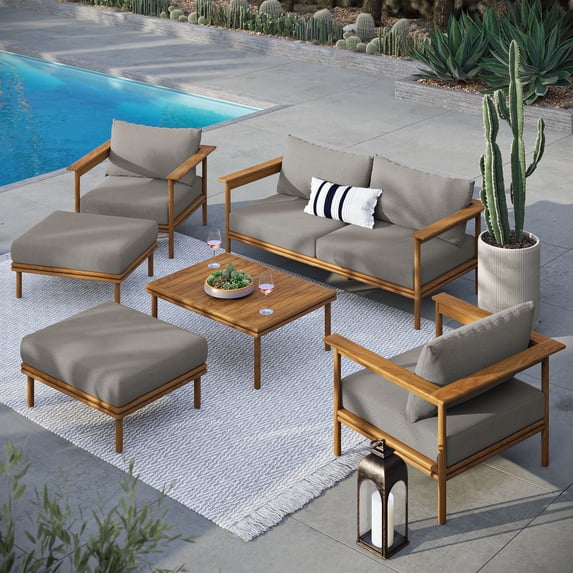 Modway Wren 6-Piece Teak Wood Patio Furniture Set in Natural Driftwood