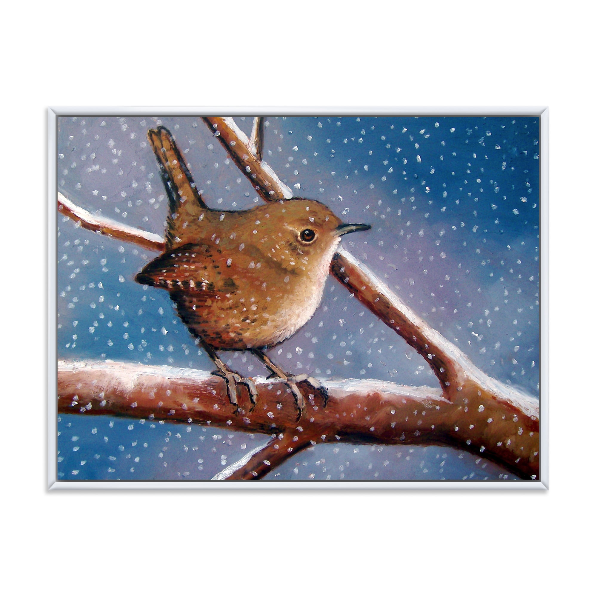 Wren Bird On Branch In Winter 32 in x 16 in Framed Painting Canvas Art Print, by Designart
