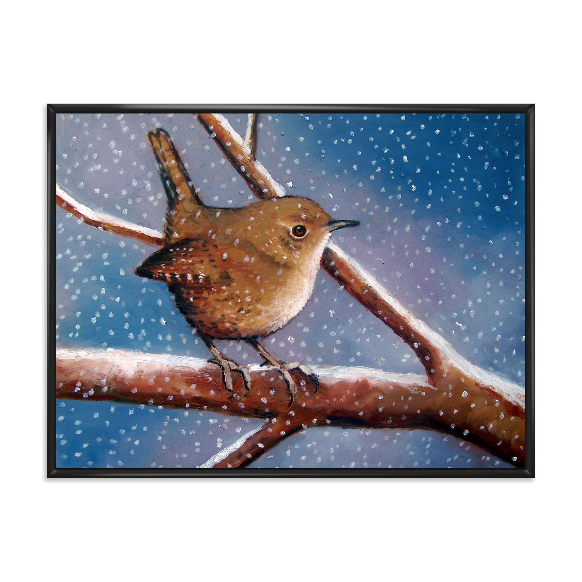 Wren Bird On Branch In Winter 32 in x 24 in Framed Painting Canvas Art Print, by Designart