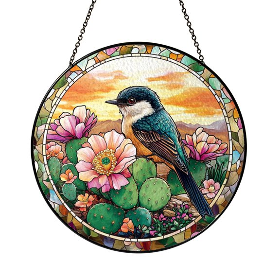 Wren Bird and Saguaro Cactus Stained Glass Suncatcher – Desert Window Art