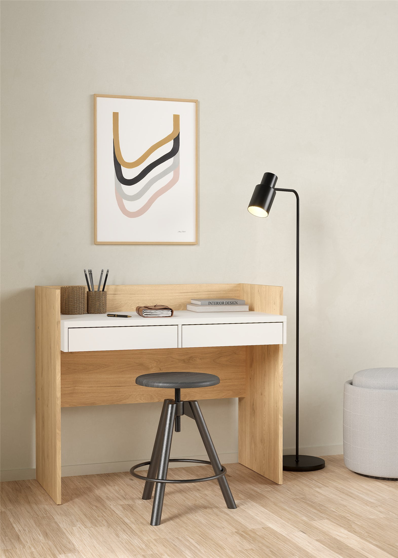 Compact White and Hickory Wood Writing Desk with Drawers