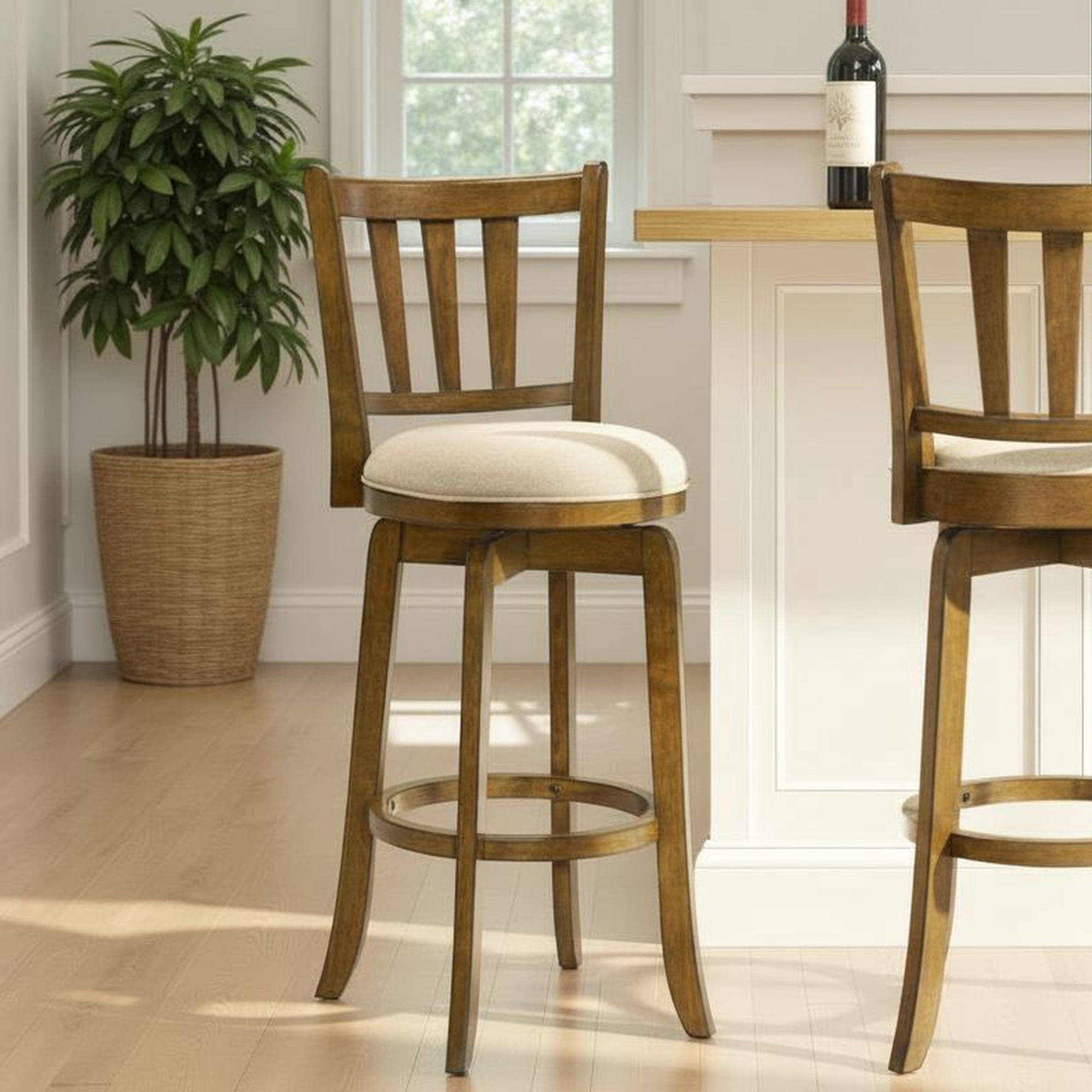 Wren Modern Farmhouse Swivel Wood Bar Height Kitchen Bar Stool in Sepia Brown Finish with Light Scone Fabric Upholstered Seat - Set of 4