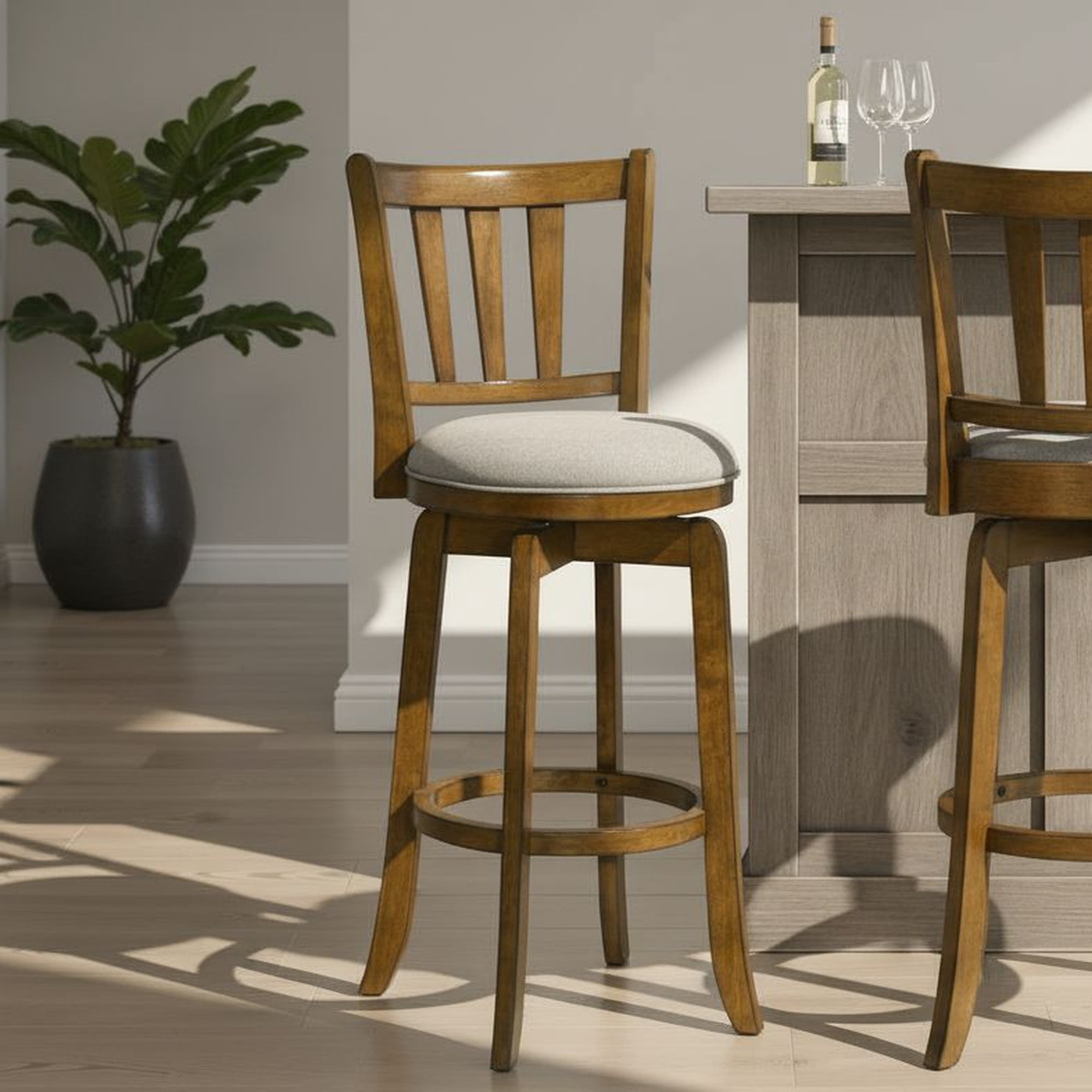 Wren Modern Farmhouse Swivel Wood Bar Height Kitchen Bar Stool in Sepia Brown Finish with Static Gray Fabric Upholstered Seat - Set of 3