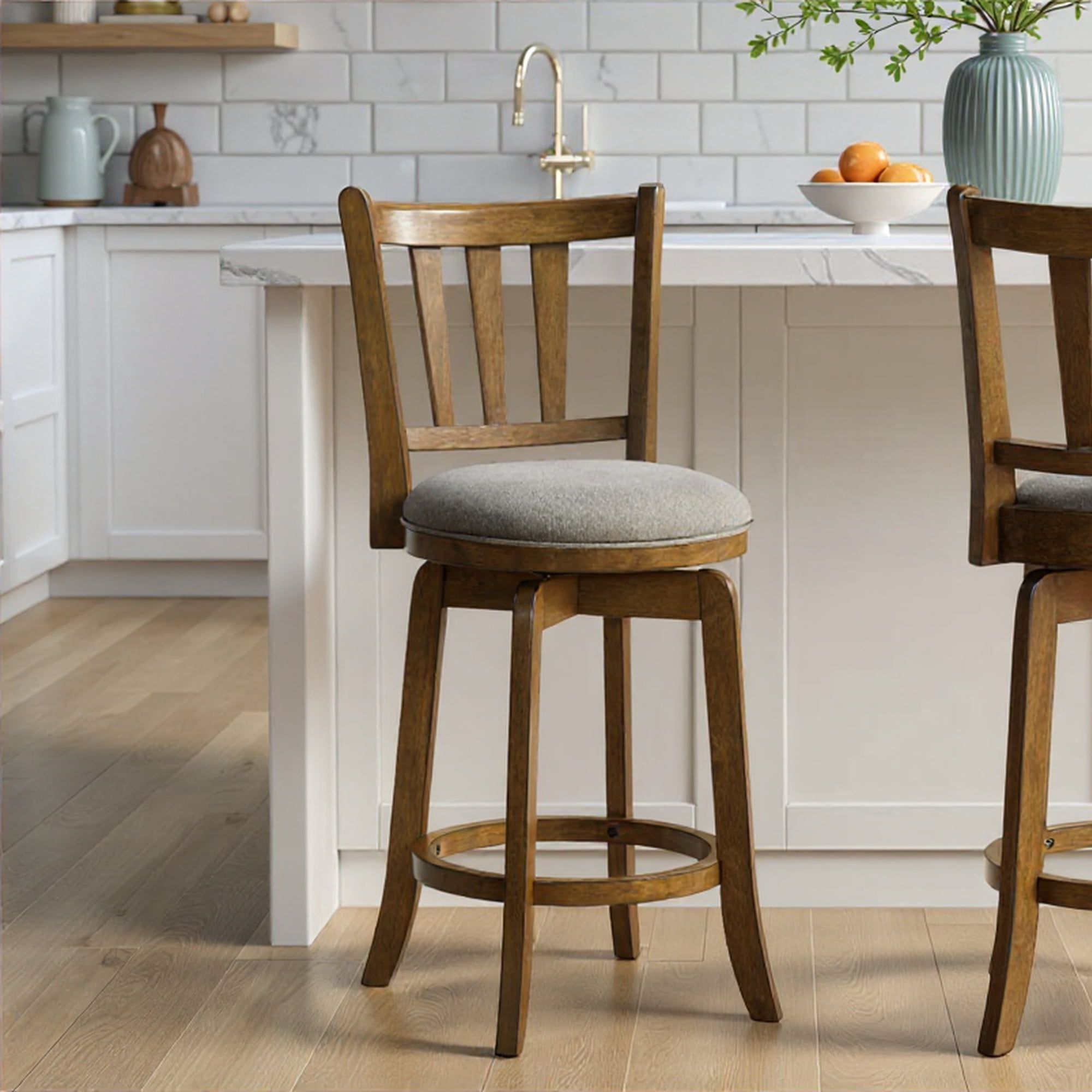 Wren Modern Farmhouse Swivel Wood Counter Height Kitchen Bar Stool in Sepia Brown Finish with Static Gray Fabric Upholstered Seat