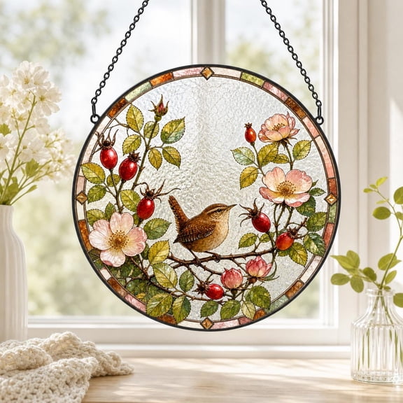 Wren Stained Glass Style Suncatcher, UV Printed Round Window Hanging Decor, wren gift
