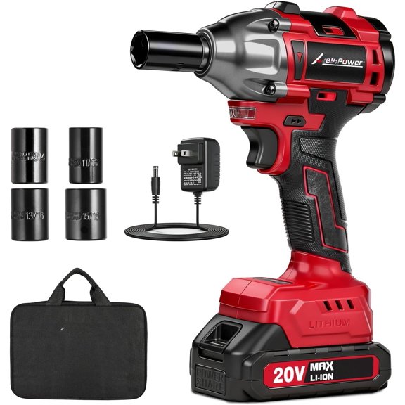 Wrench, 1/2" Max Torque 332 Ft-lbs (450 N.m), 20V Cordless Wrenches with 2.0 Ah , 2 Variable Speeds, 4 count Sockets, Charger, Tool Bag