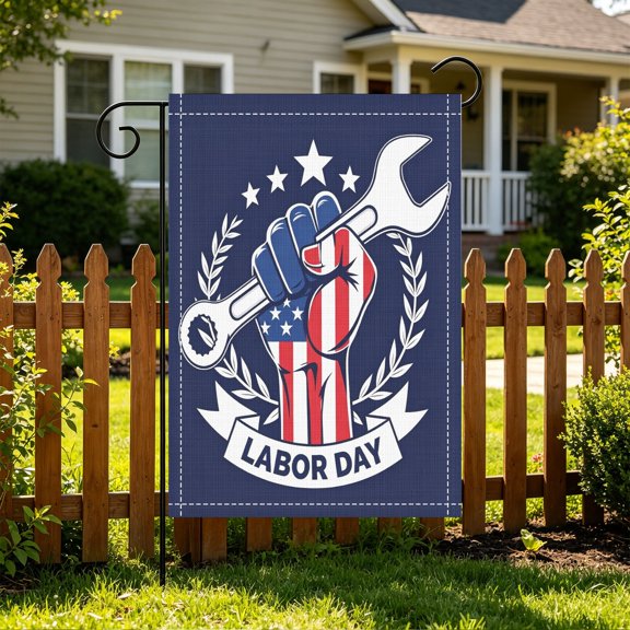 Wrench American Flag Emblem Patriotic Labor Day Garden Flag,12x18 Inch,Double Sided Printed,Outdoor Yard Decor,No Flagpole