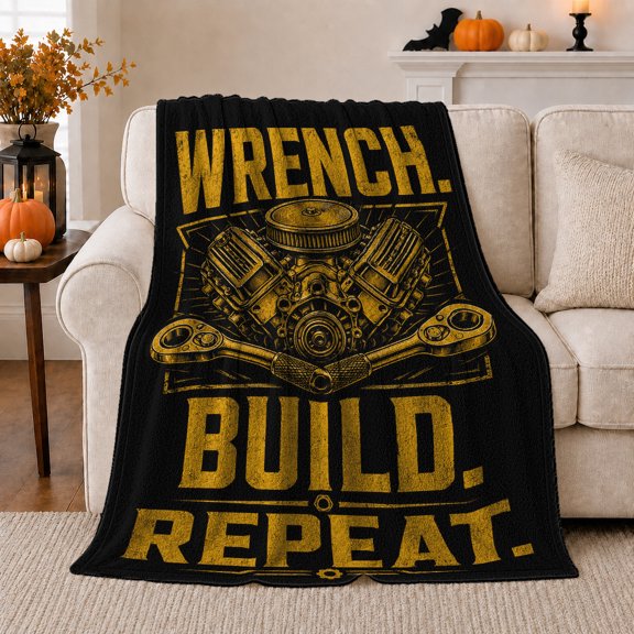 Wrench Build Repeat V8 Engine Mechanic Automotive Garage, Festive Holiday Scene, Warm Flannel Blanket for Living Room and Reading Nook, Art Lovers person's Day Gift, Artistic Home Decor