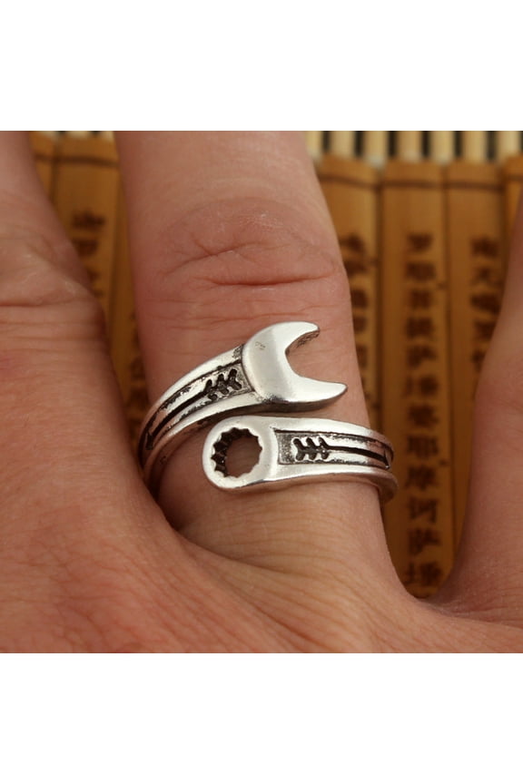 Men's Silver Plated Alloy Wrench Ring Geometric Open Ring European American Design Gift for Him Jewelry Ring for Men Silver Tone