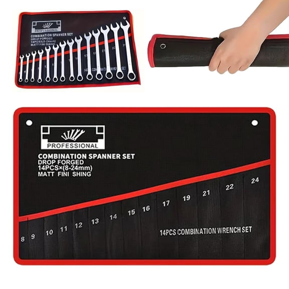Wrench Roll Up Pouch, Tool Roll Heavy Duty Waxed Canvas Tool Organizer Bag with 14 Pockets (Tools Not Included)