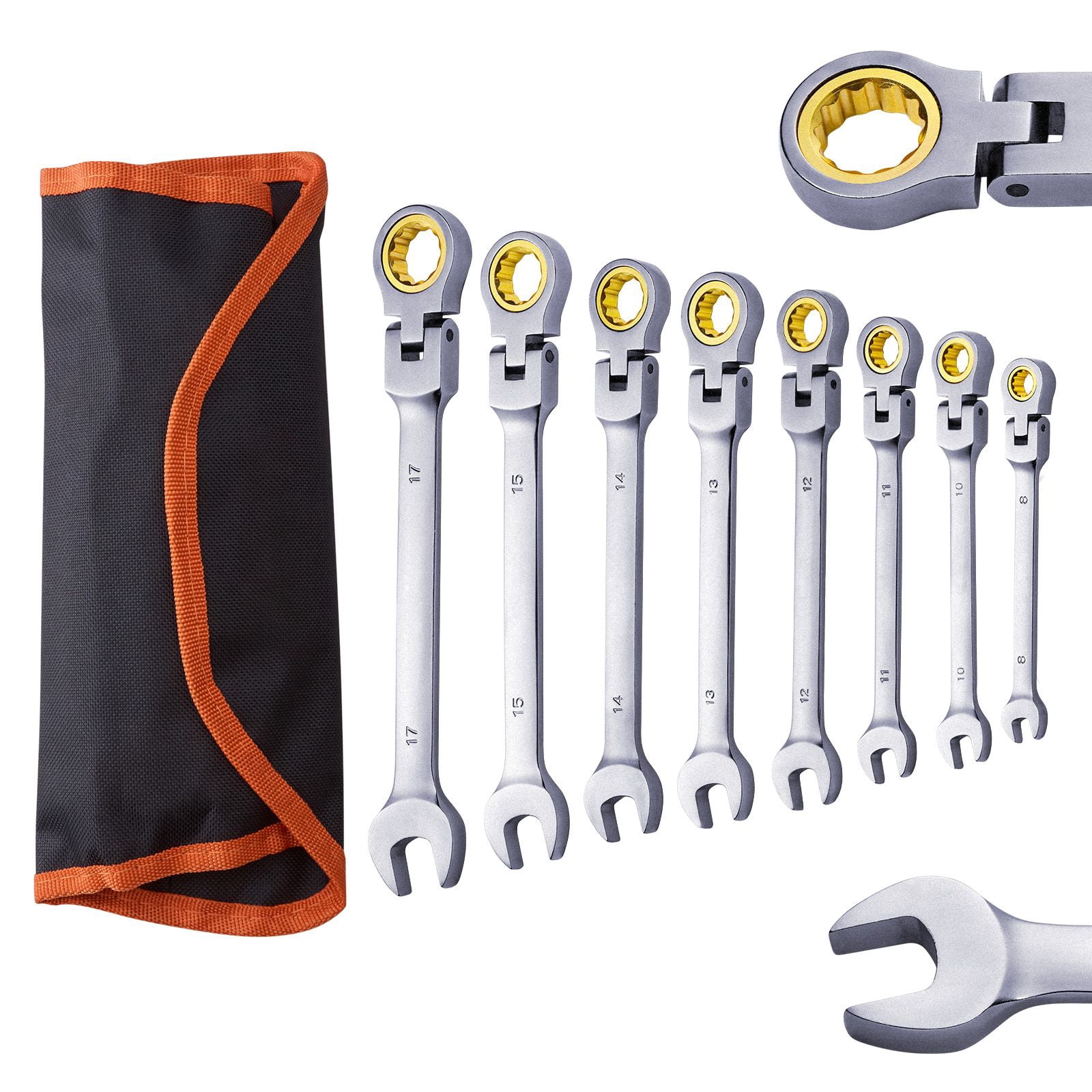 Wrench Set 8-Piece Metric, 72-Tooth Ratcheting with 5° Working Angle, 180° Adjustable Flex Head, Cr-V Alloy Steel, Storage Bag for Automotive Home Repair