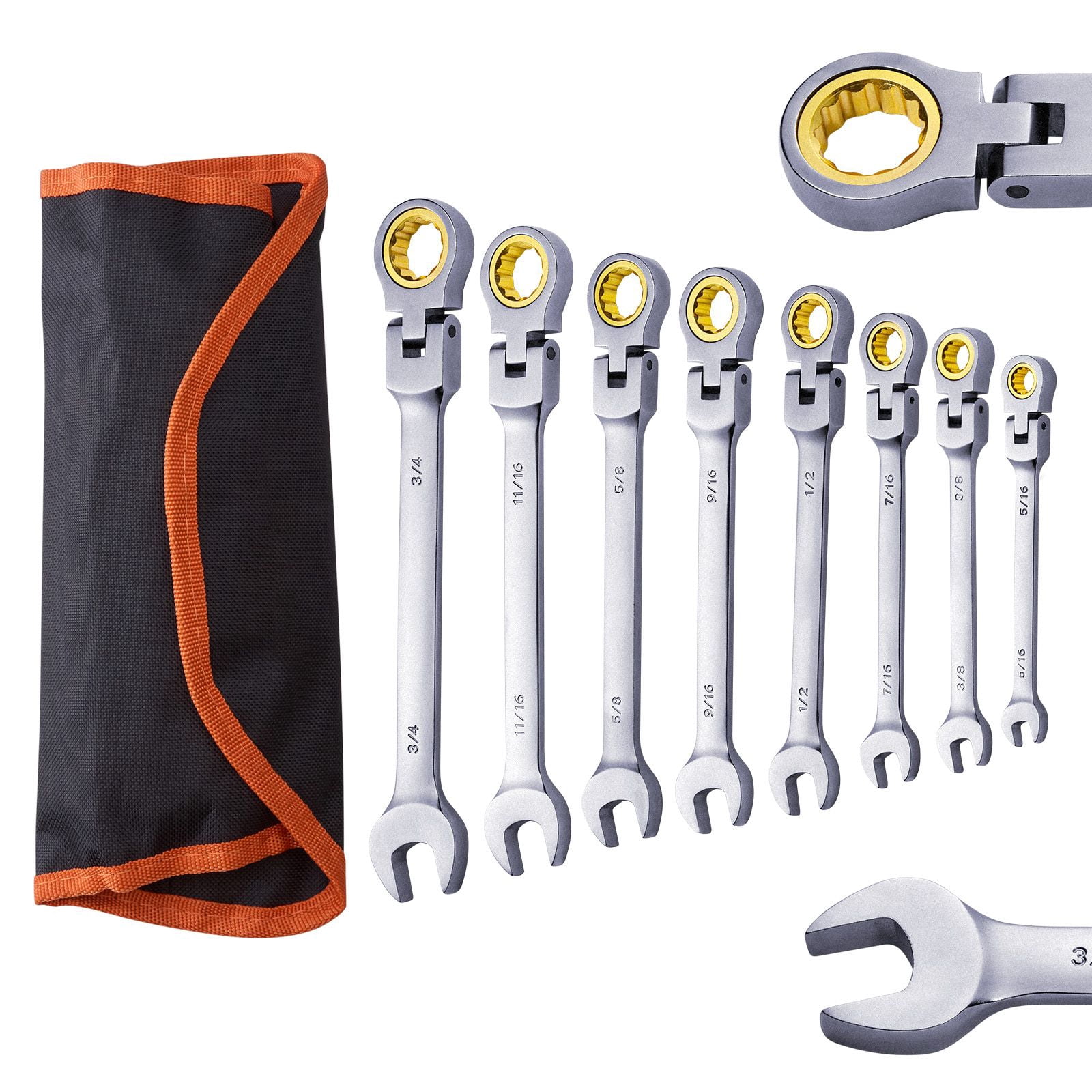 Wrench Set 8-Piece SAE 72-Tooth Ratcheting 5° Working Angle 180° Adjustable Flex Head Cr-V Alloy Steel Storage Bag for Automotive Home Repair