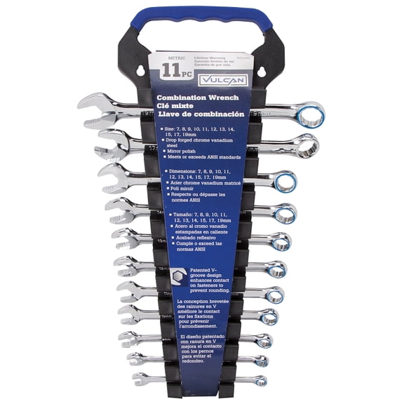 Vulcan TR-H1101 Wrench Set, 11-Piece, CRV, Chrome, Silver, Specifications: Drop Forged