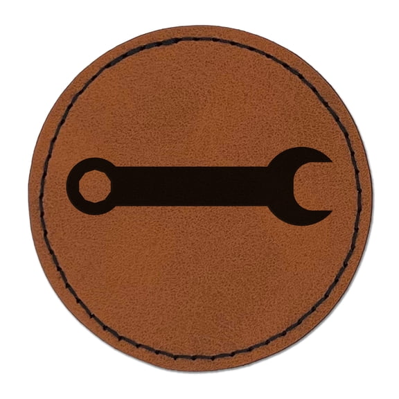 Wrench Solid 2.5" Faux Leather Round Engraved Iron-On Patch - Brown