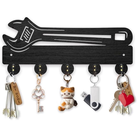 Wrench Spanner Wooden Key Hook Tool Vintage Key Rack Hooks for Wall 11.85.3 inch Black Key Holder 5 Alloy Hooks Home Decor Gifts Entryway Kitchen Warehouse Storage Organizer Black DIY
