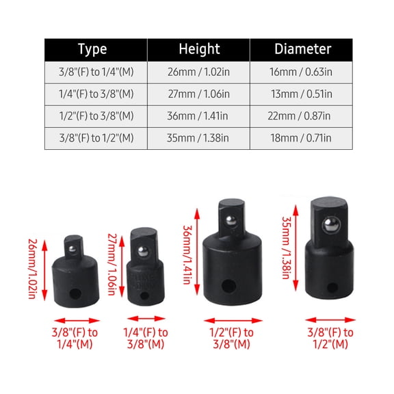 Wrench socket,Conversions Steel Driver Drill 4 Pcs Socket Adapter Reducer 1/4-inch Socket Adapter 1/2-inch Driver Conversions Steel Driver 3/8-inch 1/2-inch Driver Buzhi