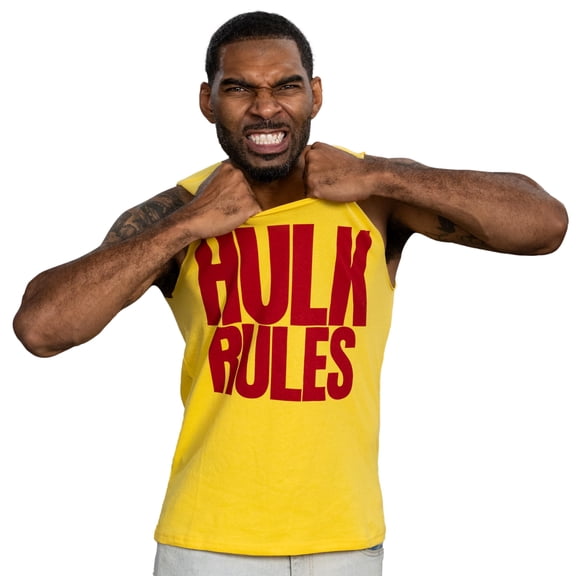 Wrestler Hogan Rules Sleeveless Yellow T-Shirt Back Ripped Tank Top Halloween Costume Cosplay (Large)
