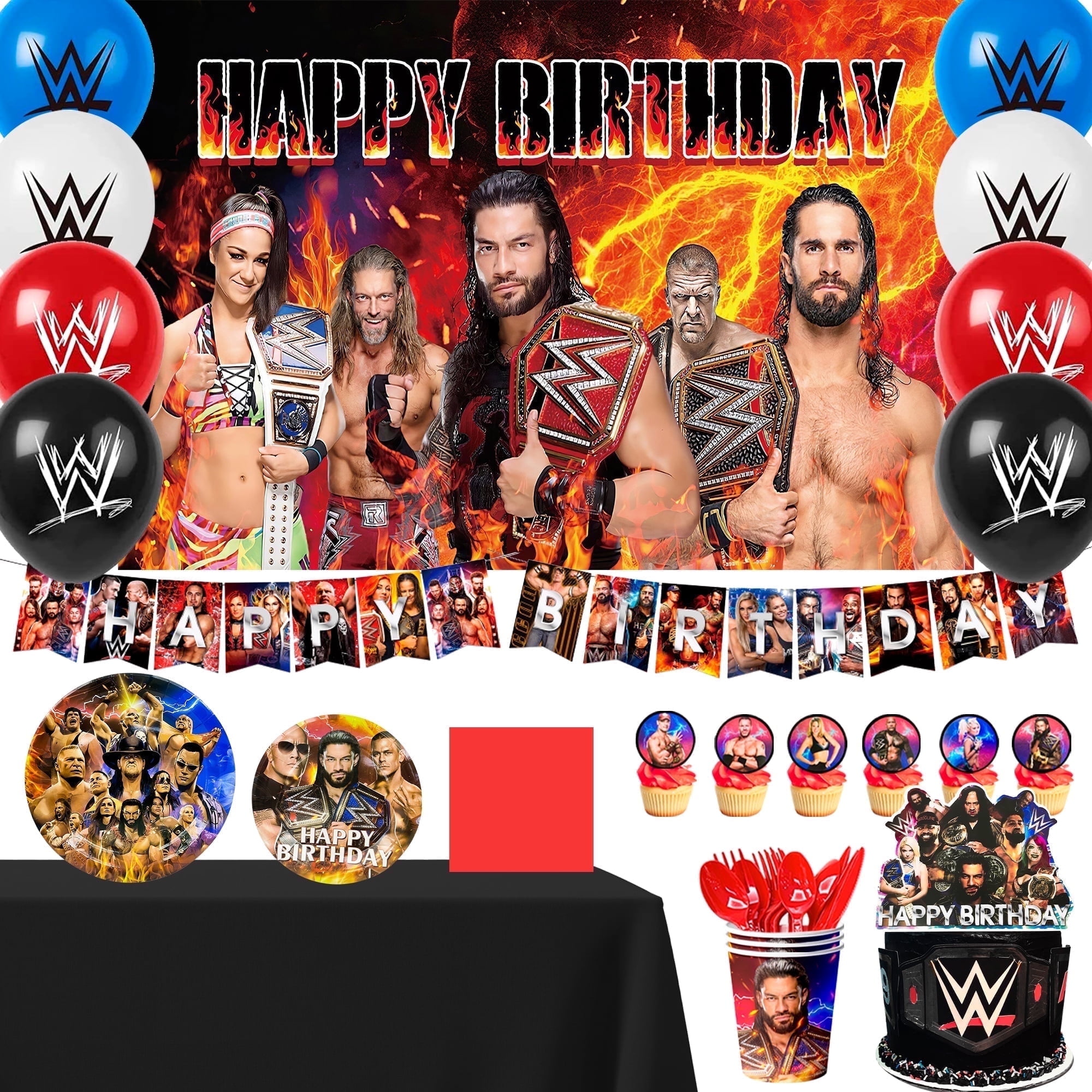 Wrestling Game Party Birthday Decorations,112pcs Wrestling Game Party Decorations Wrestling Game Party Tableware Set-Wrestling Game Party Birthday Banner Balloons Plates Napkins etc Wrestling Game P