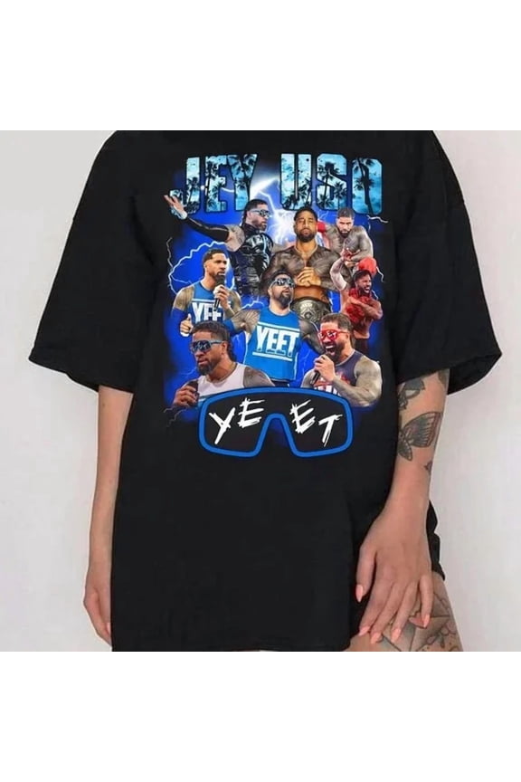 Wrestling Jey Uso WWE Big Face Yeet Black T-Shirt,Black Color,Size 2XL