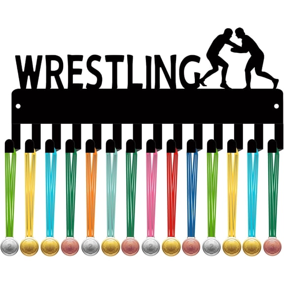 Wrestling Medal Holder Award Hanger with 14 Hooks Sports Lanyard Ribbons Organizer Display Small Iron Medal Rack Wall Mount for Competition Race Victory Medalists Athletes 11.4x5.1Inch