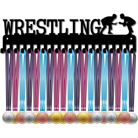 Wrestling Medal Holder Display Hanger Rack Sports Metal Wall Mount with 20 Hooks Hang Over 60 Medals Runners Home Badge Running Marathon Gymnastics Black 15.7 x 4.5inch DIY