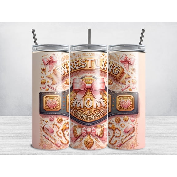 Wrestling Mom 20 oz Straight Skinny Tumbler, Mama Champion, Mother’s Day Gift, Reusable Travel Cup with Lid and Straw