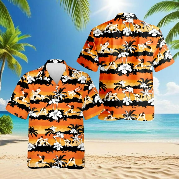 Wrestling Orange Hibiscus Hawaiian Shirt for Men, Button Down Summer Beach Short Sleeve, Tropical Style, S-5XL