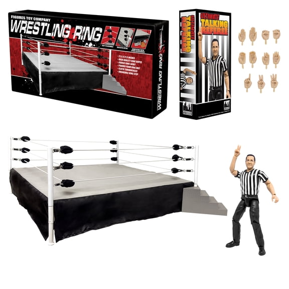 Wrestling Ring & Talking Wrestling Referee Figure for WWE & AEW Action Figures