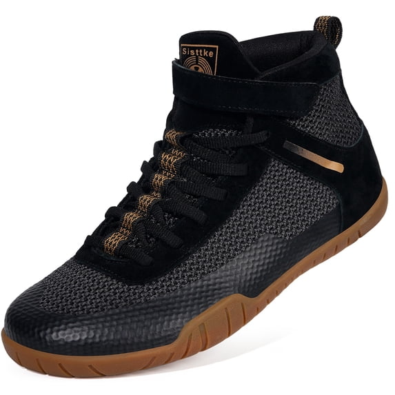 Wrestling Shoes Mens Boxing Shoe Fitness Weightlifting Powerlifting Zero Drop Sole Black Gold,7 Wide