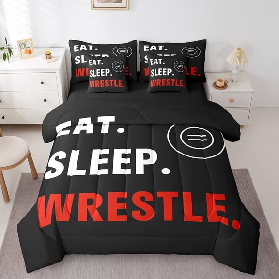 Wrestling Sports Kids Boys Reversible Comforter Set 7 Piece Queen Size,Eat Sleep Wrestle Theme Sport Bed Sheet Set Wrestle Rodeo Black Red Bedding Set with Comforter,Fitted & Flat Sheet