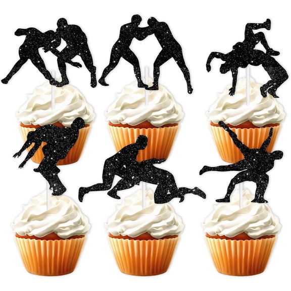Wrestling Theme Glitter Cupcake Toppers, Black Silhouette, Birthday Party Decorations, 12 Piece