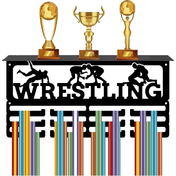Wrestling Trophy and Medal Display Shelf Award Ribbon Holder with 12 Hooks for DIY Wall Mount Hold 60+ Ribbons Organization Metal Sports Medals Hanger Rack for DIY Storage Black 15.7x8x4 inch