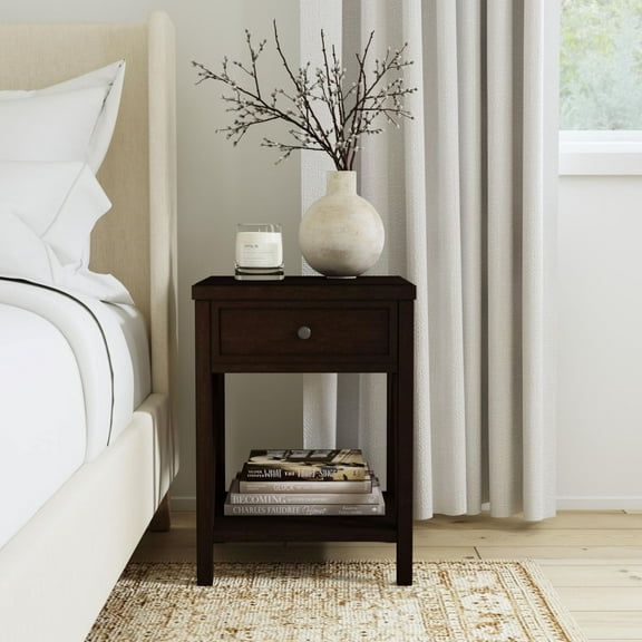"East at Main Wright 23"" Tall Brown Solid Wood Nightstand with 1 Drawer, Rustic Wooden Side Table"