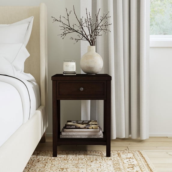 "East at Main Wright 23"" Tall Brown Solid Wood Nightstand with 1 Drawer, Rustic Wooden Side Table"