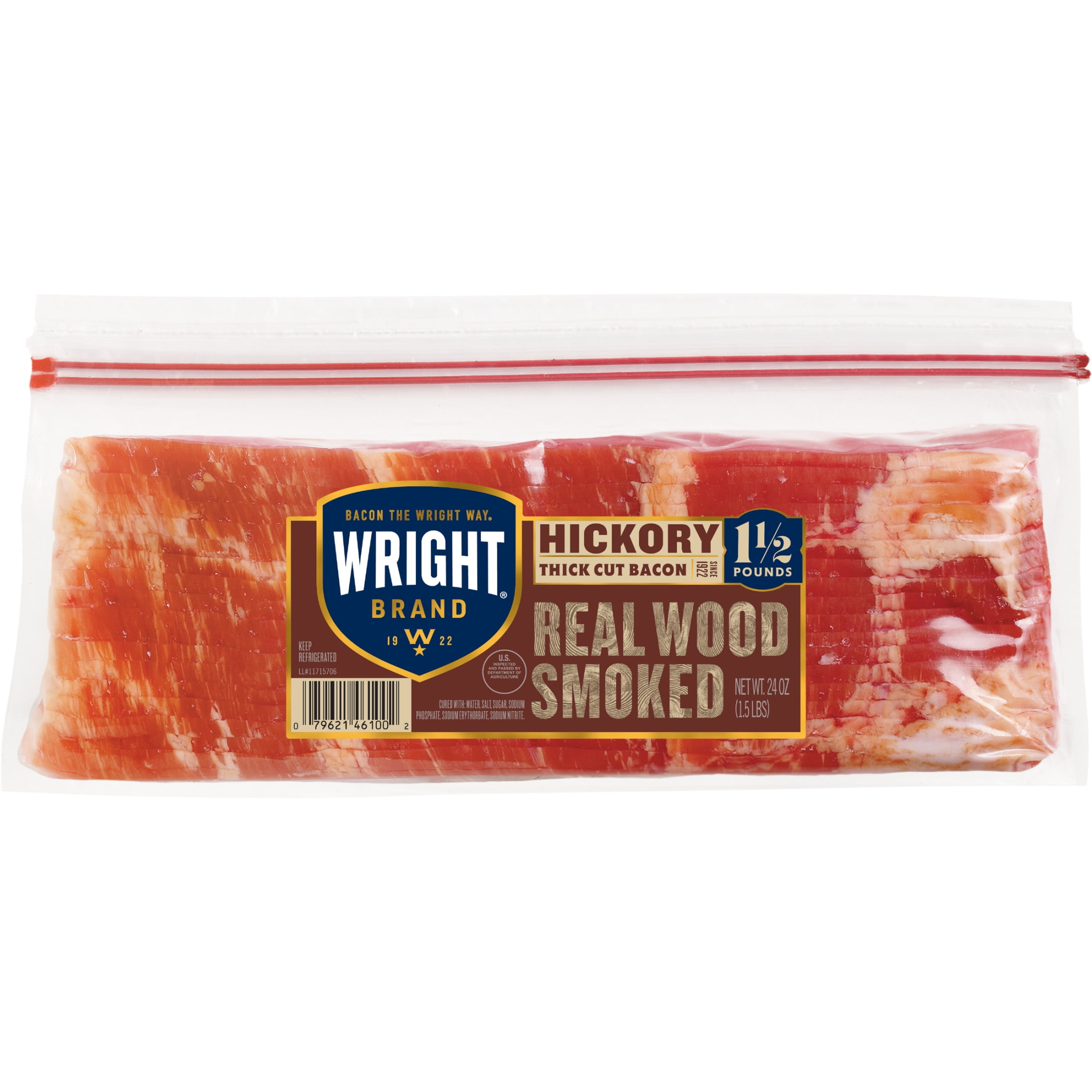 Wright Brand Hickory Real Wood Smoked Thick Cut Sliced Bacon, 24 oz